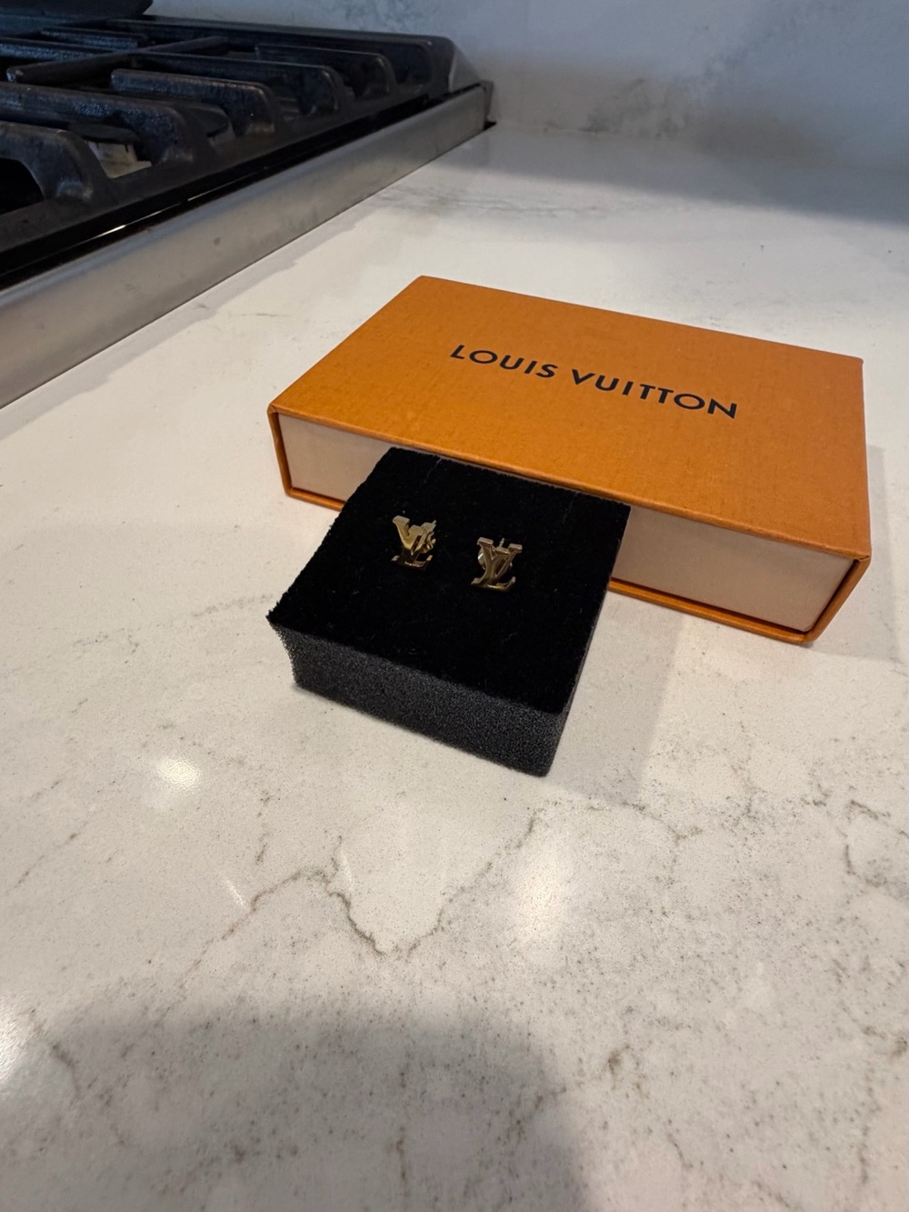 Louis Vuitton Gold LV Logo Stud Earrings with Signature Box